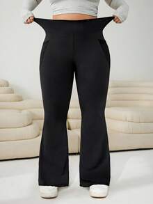 SHEIN CURVE+ 大码女装秋冬返校休闲家居服瑜伽舒适户外纯黑色针织弹力腰高腰口袋喇叭裤，带口袋打底裤 - 黑色 - 查看 4