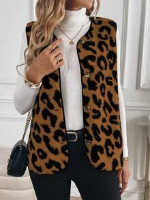 EMERY ROSE Jacket, Sleeveless Vest, Leopard Print Faux Fur Vest - Multicolor - View 3