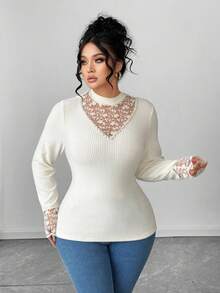 Elenzga Áo len dệt kim tay dài phối ren cỡ lớn dành cho nữ, mùa thu/đông - Màu be - Xem 4