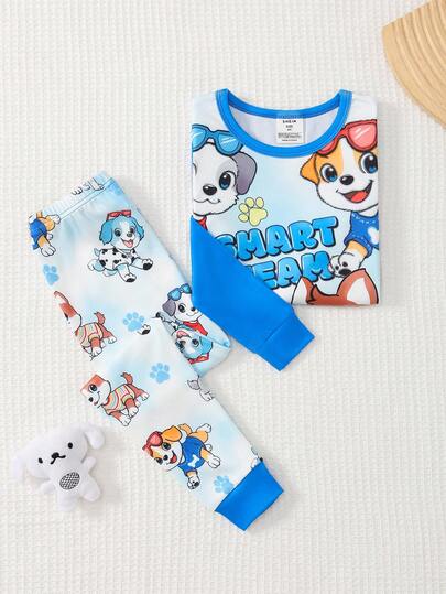 贴身狗狗卡通印花长袖上衣和长裤睡衣套装，适合小男孩，面料柔软舒适，适合儿童家居服