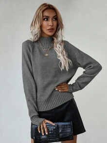 EMERY ROSE Women's Solid Color Stand Collar Raglan Sleeve Casual Pullover Sweater, Autumn - Dark Grey - View 3