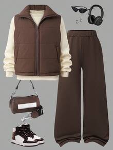 SHEIN Bộ 3 áo nỉ cổ tròn tay dài quá khổ cho bé gái, quần thể thao rộng rãi, bộ đồ mùa thu/đông - Nhiều màu - Xem 5