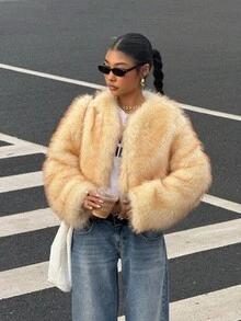 Muchica 女式卡其色长袖休闲蓬松夹克（秋冬） - 卡其色 - 查看 1