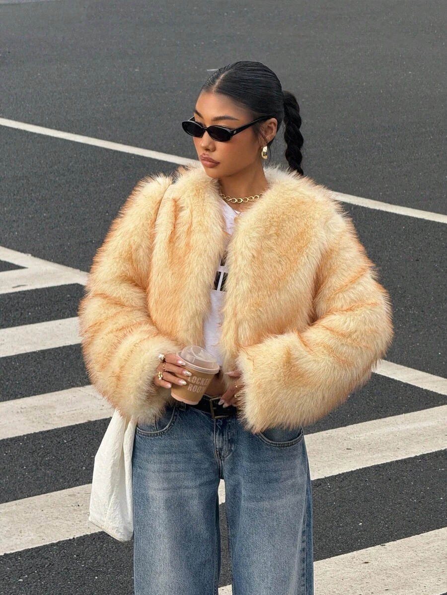 Muchica 女式卡其色长袖休闲蓬松夹克（秋冬） - 卡其色 - 查看 1