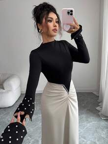 Selianne Elegantes, damenhaftes Maxikleid mit Perlenverzierung und plissierter Taille, raffiniertes und stilvolles einfarbiges Design, geeignet für Geburtstagsfeiern, formelle Anlässe, Dates, Langarm Maxikleid - Schwarz - Übersicht 7