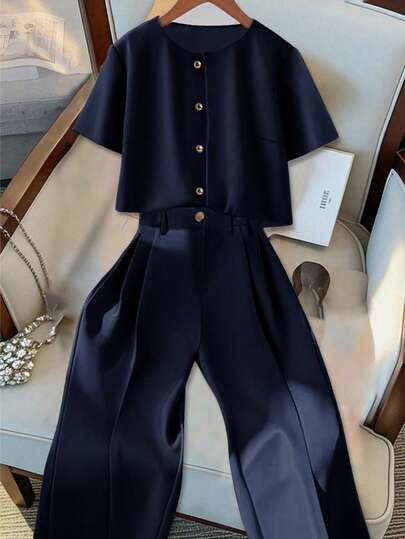 GlowEve CURVE Plus Size Women Casual Solid Color Round Neck Top & Pants 2 Pieces Set