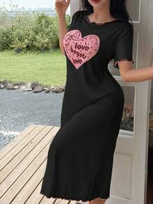 SHEIN Heart Textured Hem Casual Women Nightgown, Moo Moo Night Dress - Black - View 3