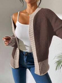 EMERY ROSE French Fashion Versatile Black And White Striped Knit Cardigan - Coffee Brown - View 3