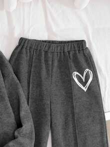 SHEIN 青少年女孩宽松休闲简约舒适圆领运动衫和裤子套装 - 灰色 - 查看 7