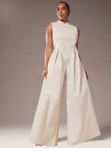 Hauture 超宽腿拉链无袖加大码连体裤 - 杏色 - 查看 2