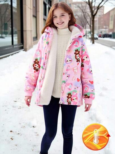 Sparklyn Tween 女童可爱休闲连帽开衫，保暖内衬厚印花夹克