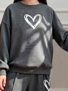 SHEIN 青少年女孩宽松休闲简约舒适圆领运动衫和裤子套装 - 灰色 - 查看 9