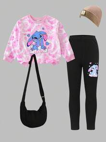 2pcs/Set Young Girl Casual Stylish Cute Cartoon Stitch Letter Graphic Print Sweatshirt And Leggings Set Fall Winter - Pink - View 3