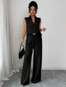 Rafferiza 2pcs/Set Women's Fashionable Casual V-Neck Sleeveless Top And Loose Distinctive Belt Decor Straight Leg Pants, Spring/Summer - Black - View 6
