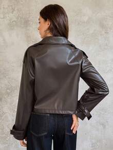 SHEIN Unity 女士新款时尚复古休闲宽松翻领长袖双排扣 PU 皮夹克外套 - 棕色 - 查看 3