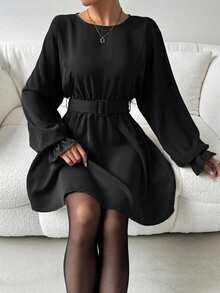 Rafferiza Vestido midi casual de unicolor con mangas con volantes y cintura con lazo - Negro - Ver 5