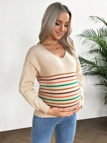 SHEIN Maternity Sweater, Loose Knit Colorblock Crew Neck Sweater, V-Neck Long Sleeve Fashionable Knit Top, Autumn/Winter - Apricot - View 2