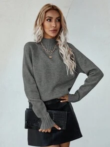 EMERY ROSE Women's Solid Color Stand Collar Raglan Sleeve Casual Pullover Sweater, Autumn - Dark Grey - View 6