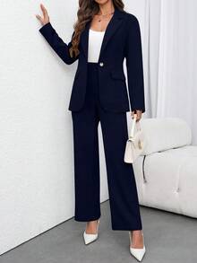 EMERY ROSE Women's Solid Color Lapel Collar Fashion Versatile Business Blazer Jacket + Pants Suit