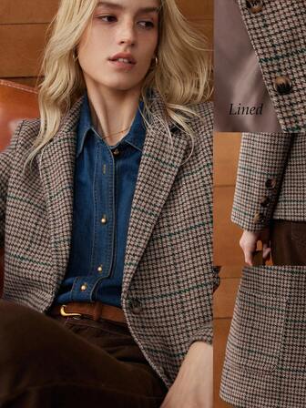 Écloséra French Retro Casual Commuting Versatile Fit Version Retro Plaid Fabric Autumn And Winter Khaki Women's Suit Coats Women's Casual Jacket Women's Casual Business Suit Coats Autumn Women's Casual Clothing Autumn Business Casual Women's Clothing Winter Coats Fall Clothes For Women