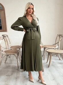 SHEIN 交叉V领长袖褶饰摆连衣裙 - 軍綠色 - 查看 3