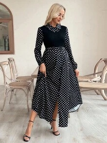 SHEIN Casual Loose Polka Dot Patchwork Long Sleeve Maternity Dress - Black and White - View 4