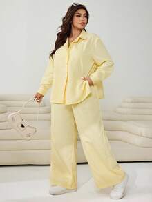 SHEIN EZwear Bộ 2 món áo dài tay kẻ sọc thường ngày cỡ lớn và quần ống rộng - gừng - Xem 5