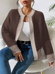 EMERY ROSE French Fashion Versatile Black And White Striped Knit Cardigan - Coffee Brown - View 5