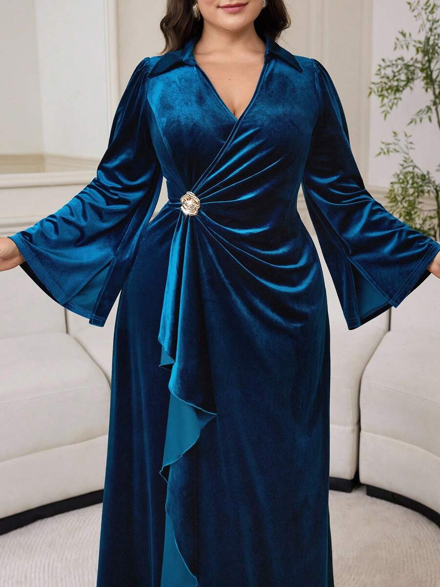 Modelyn Plus Size Solid Color Wrap Ruched Metal Flower Decor Long Sleeve Dress - Blue - View 1