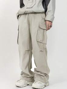 Manfinity Roghcode 秋季宽松男士工装裤，带翻盖口袋和抽绳腰带 - 米色 - 查看 4