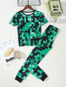 男童柔软舒适贴身睡衣套装，可爱卡通数码格子全身印花，休闲简约短袖和裤子两件套家居服 - 綠色 - 查看 3