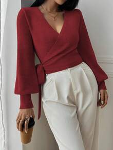 EMERY ROSE Floral Wrap-Style Cropped V-Neck Tie-Waist Long Puff Sleeve Casual Elegant Women Sweater - Burgundy - View 7