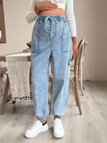 SHEIN 孕妇休闲松紧腰锥形牛仔裤 - 淺色水洗藍 - 查看 3