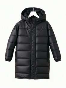 SHEIN Teen Boys' Padded Puffer Coat Casual Comfortable Versatile Hooded Long Winter Quilted Coat Fall Autumn And Winter New Knee-Length Black Hooded Pocket Collegiate Style Winter  Warm Down Jacket For Teen Boys Boys Long Coats Boy Winter Coat Puffer Jacket Kids Boy Jackets For Kids Black - Black - View 2