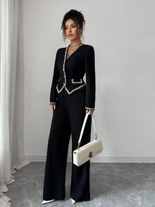 Selianne Vintage V-Neck Elegant Button Decorated Long Sleeve Blouse With Pockets, Contrast Trim, Retro Pockets, Contrast Trim, Vintage Black, Sophisticated Commuter Casual Office 2 Pieces Set