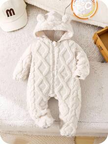 SHEIN 男婴可爱小熊图案保暖连体衣，适合秋冬季节穿着