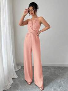 Elenzga 女式休闲卡其色褶皱面料吊带串珠设计腰部纽扣系带长款连体裤，春夏 - 藕粉色 - 查看 6