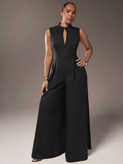 Hauture Macacão Preto Plus Size com Perna Extremamente Larga e Zíper na Frente, Sem Mangas