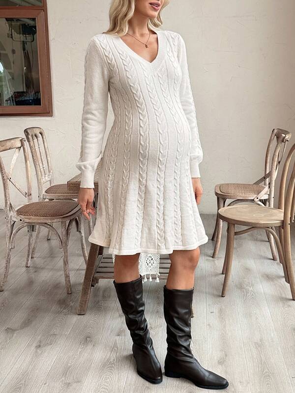 SHEIN Pregnant Women's V-Neck Long Sleeve Casual Knitted Dress With Cable Pattern, Autumn
