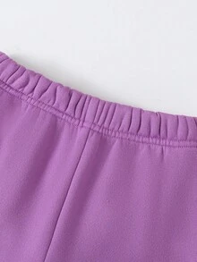 Genkimix Kids 2 件/套女孩紫色连帽衫，带尾巴设计和喇叭裤，纯色，补丁装饰，适合家庭聚会、郊游、返校、春秋季 - 紫色 - 查看 7