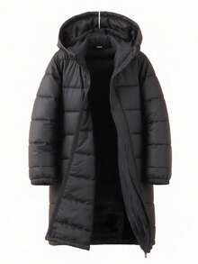 SHEIN Teen Boys' Padded Puffer Coat Casual Comfortable Versatile Hooded Long Winter Quilted Coat Fall Autumn And Winter New Knee-Length Black Hooded Pocket Collegiate Style Winter  Warm Down Jacket For Teen Boys Boys Long Coats Boy Winter Coat Puffer Jacket Kids Boy Jackets For Kids Black - Black - View 3