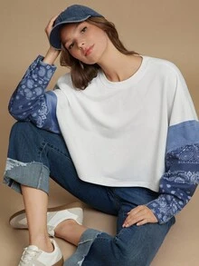 WESTFADE Mix Media French Terry & Chambray Cổ tròn Họa tiết Paisley Tay áo Boho Dáng hộp Dáng rộng Áo chui đầu dễ thương cho mùa thu, thường ngày, hòa nhạc đồng quê miền Tây - Màu be - Xem 4