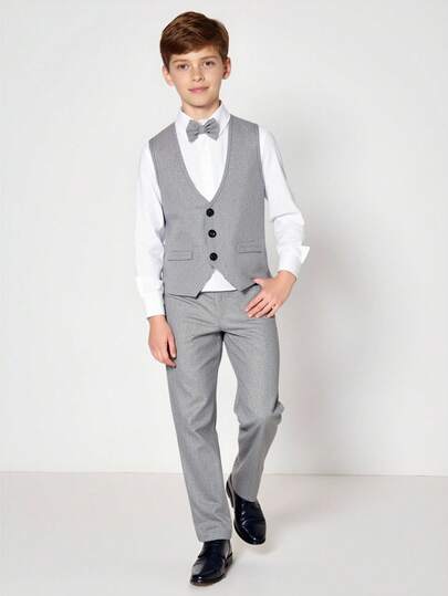 SHEIN Tween Boy Gentleman 3-delat set: Väst + Byxor + Fluga, Formell outfit för födelsedagsfest, bröllop, examen, skolstart