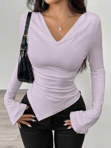 Zielony Scoop Neck Asymmetrical Neck Asymmetrical Hem Knit T-Shirt, Cinched Waist Fall Cloth For Women - Mauve Purple - View 1