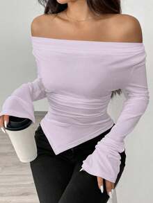 Zielony Scoop Neck Asymmetrical Neck Asymmetrical Hem Knit T-Shirt, Cinched Waist Fall Cloth For Women - Mauve Purple - View 4