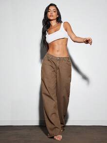 Denimoi Jeans de pierna recta y tiro bajo lavados - Marrón - Ver 3