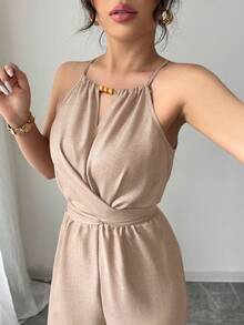 Elenzga 女式休闲卡其色褶皱面料无袖串珠设计系带连体裤，春夏