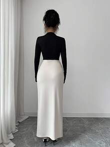 Selianne Elegantes, damenhaftes Maxikleid mit Perlenverzierung und plissierter Taille, raffiniertes und stilvolles einfarbiges Design, geeignet für Geburtstagsfeiern, formelle Anlässe, Dates, Langarm Maxikleid - Schwarz - Übersicht 2