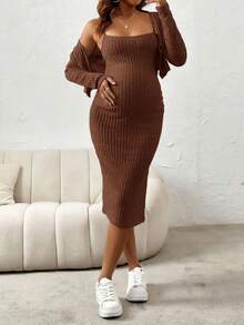 SHEIN 2pcs Maternity Solid Color Long Sleeve Top And Dress Set