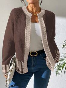 EMERY ROSE French Fashion Versatile Black And White Striped Knit Cardigan - Coffee Brown - View 4